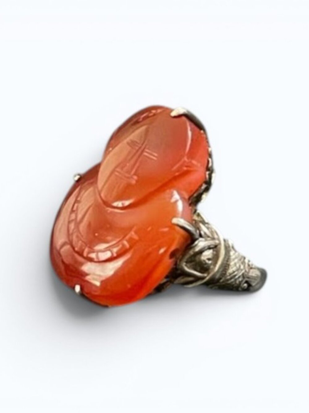 Estate Antique Sterling Silver Carved Carnelian Buddha Ring Adjustable SZ 7.5